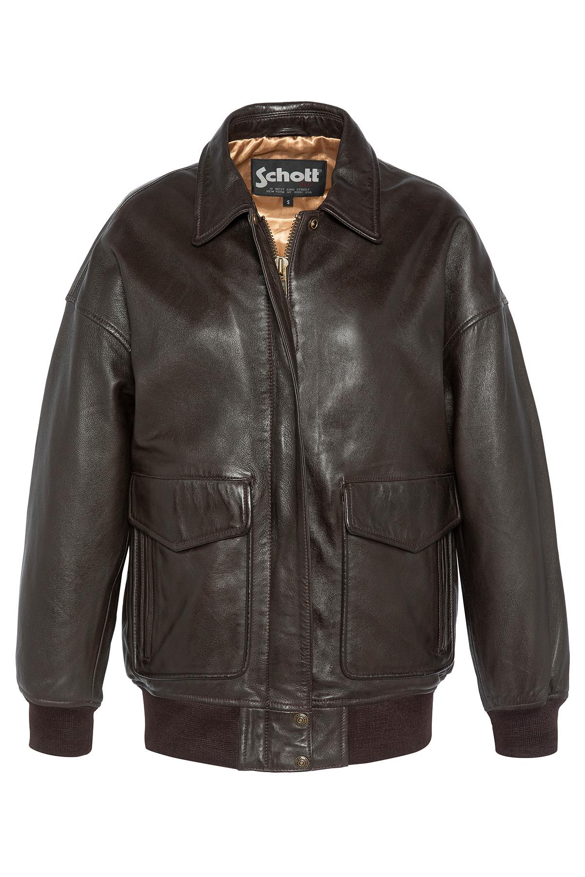 Oversized brown leather bomber jacket - Image n°3