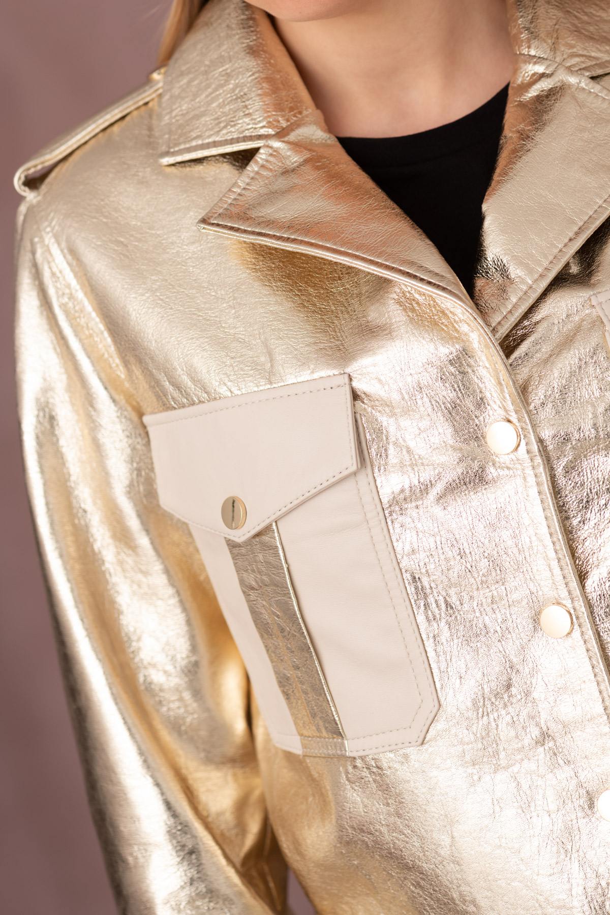 Very shiny gold and ecru perfecto collar leather jacket - Image n°10