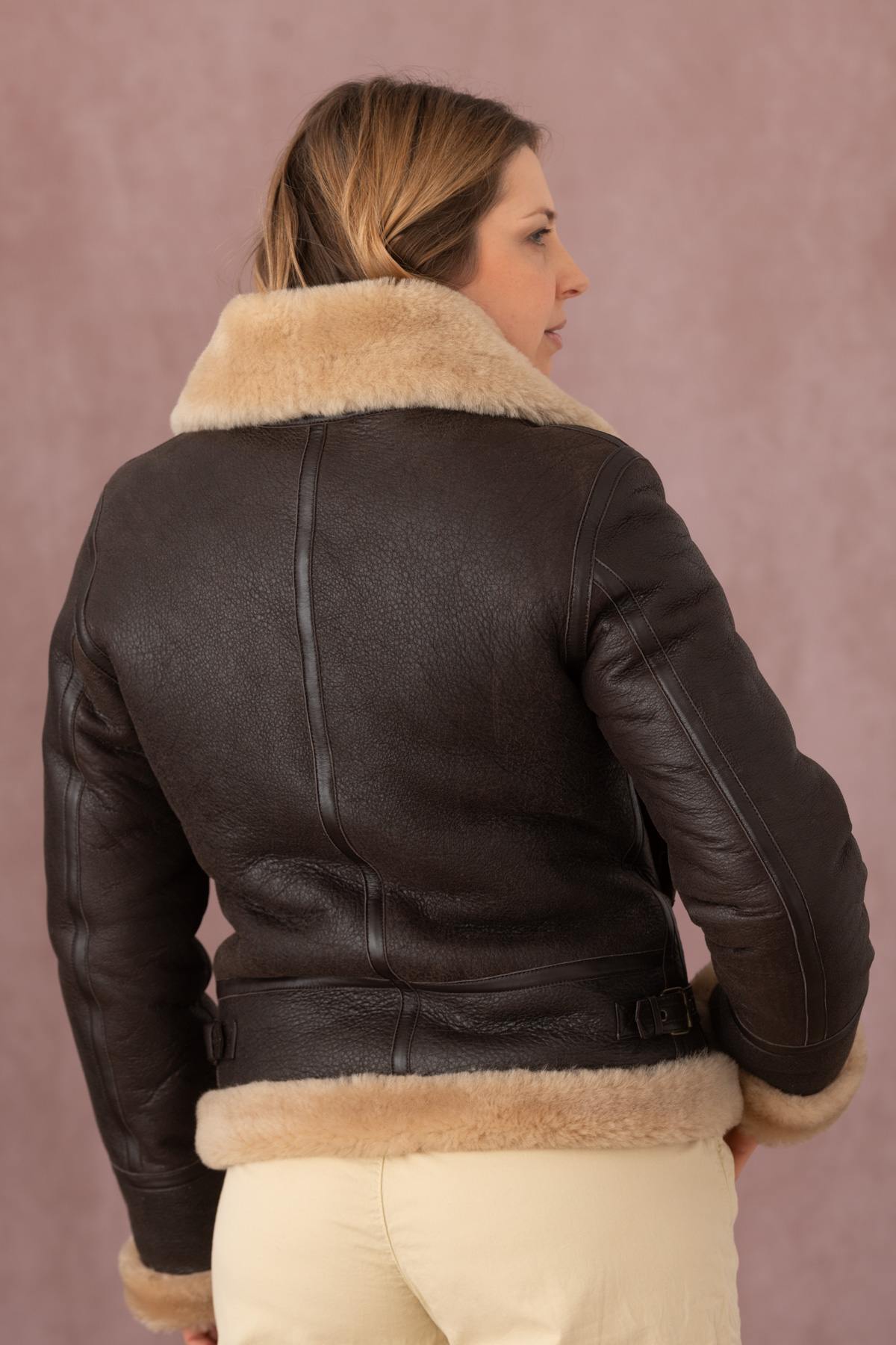 Brown and beige shearling bomber jacket for women - Image n°9