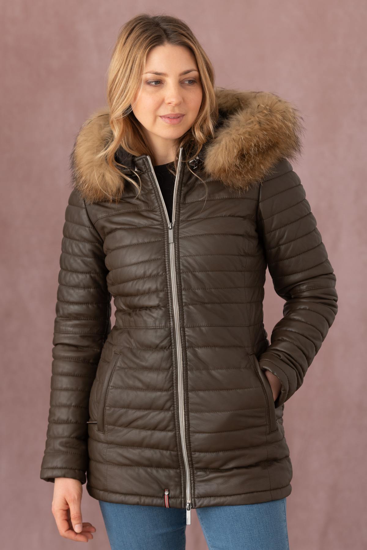 Brown leather down jacket with furry hood - Image n°1