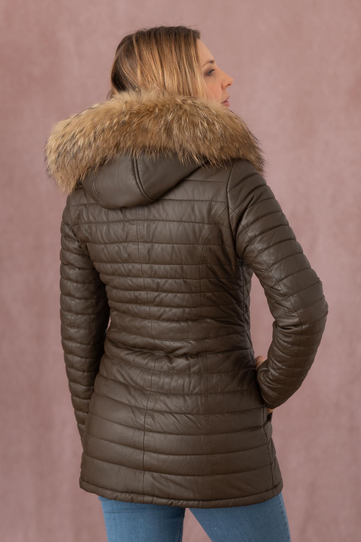 Brown leather down jacket with furry hood - Image n°2