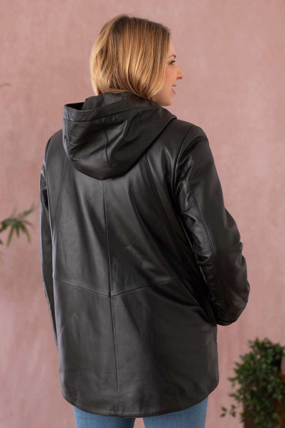 Leather jacket with black pearl hood urban chic style - Image n°12