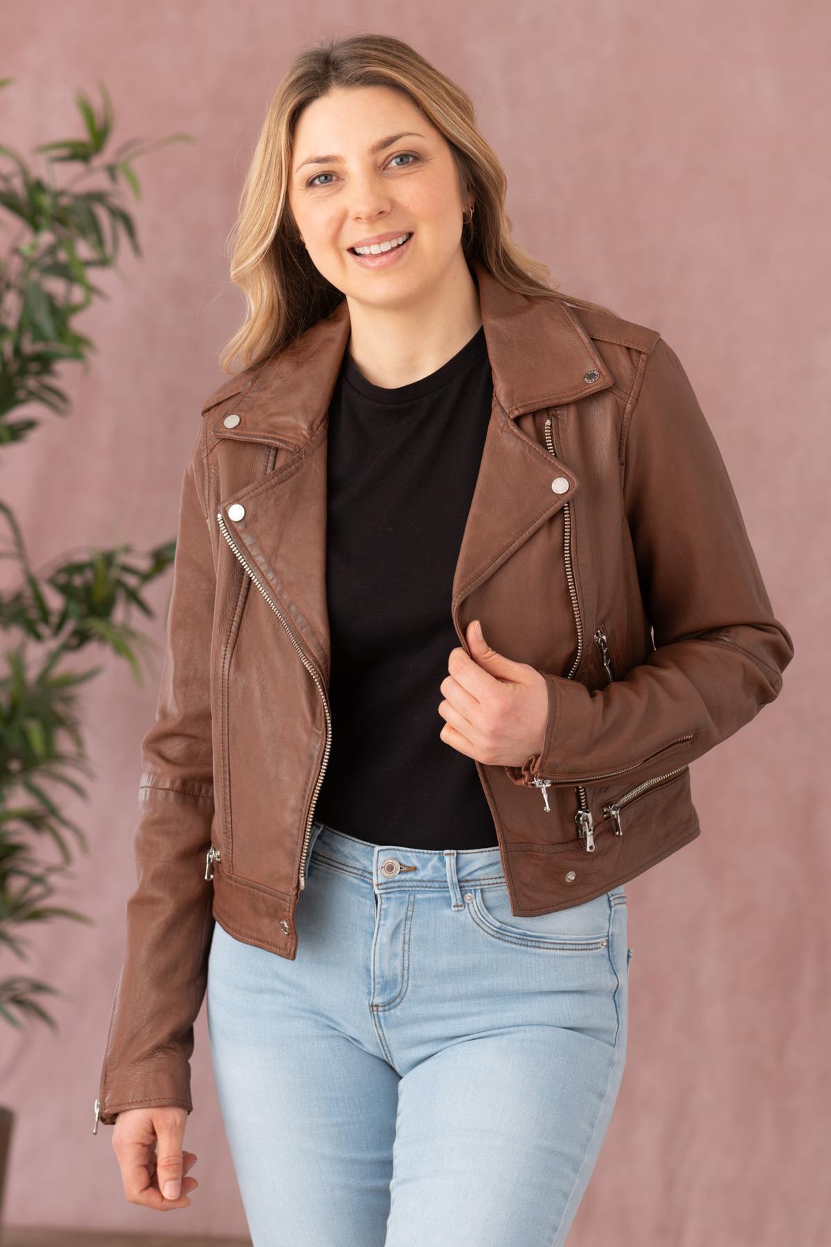 Washed leather Biker Jacket for women - Image n°1