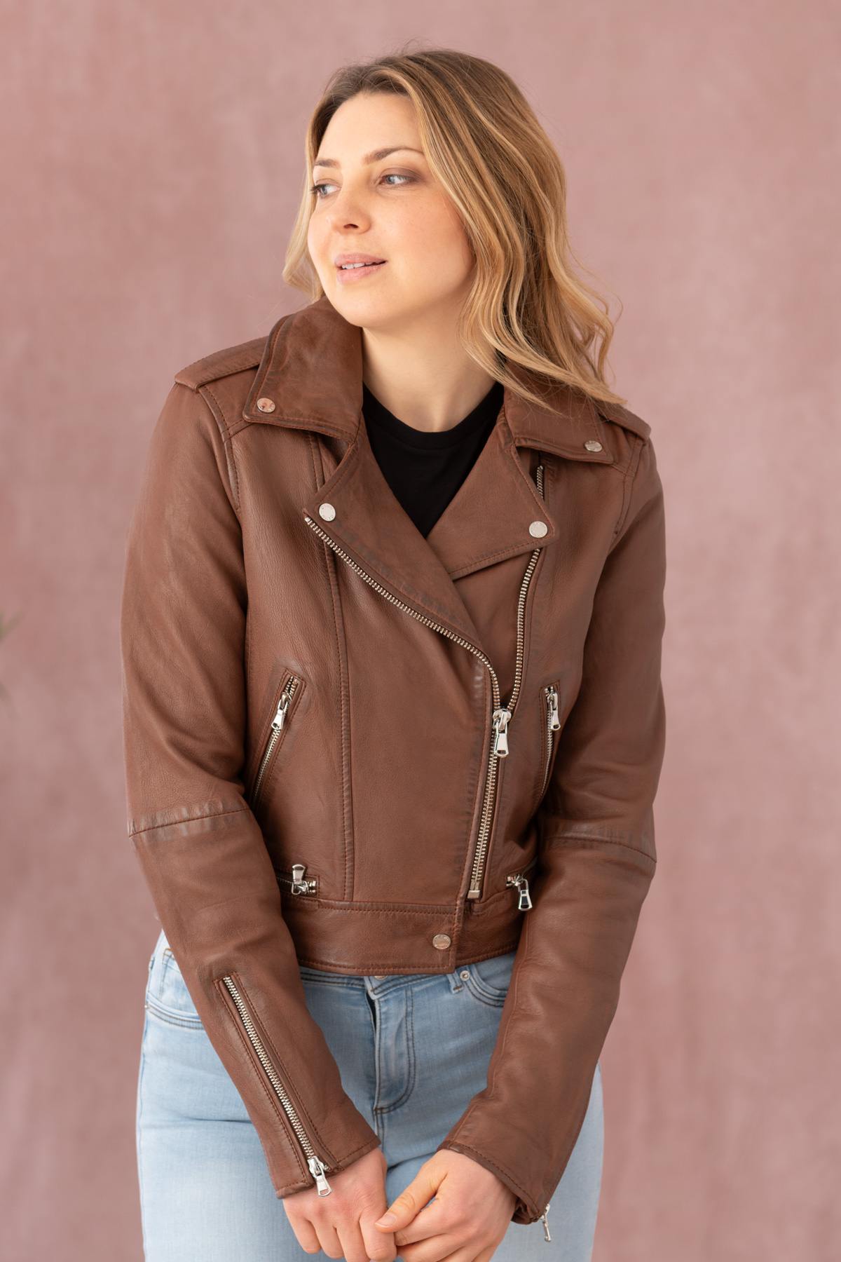 Washed leather Biker Jacket for women - Image n°4