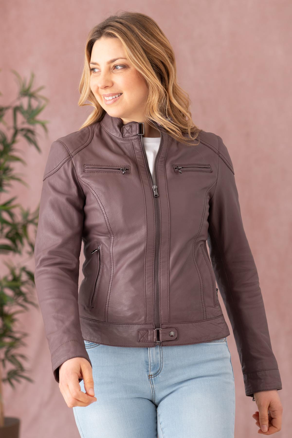 Leather jacket with biker collar for women - Image n°1