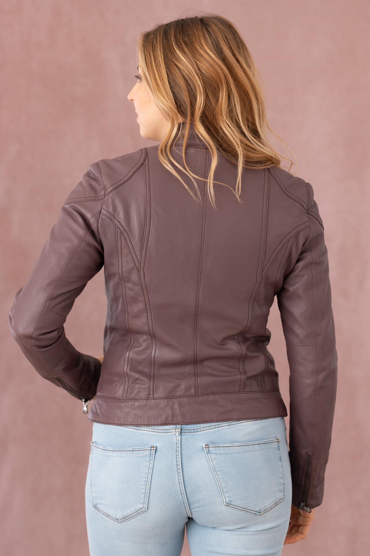 Leather jacket with biker collar for women - Image n°4