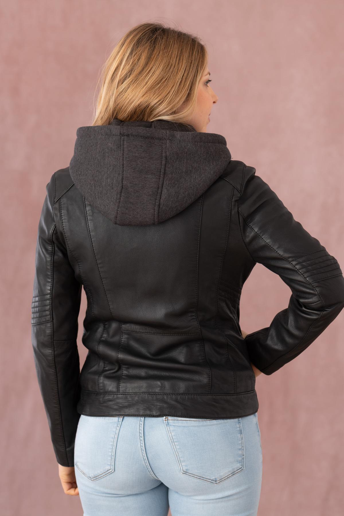 Black leather jacket with biker collar and removable hood - Image n°7