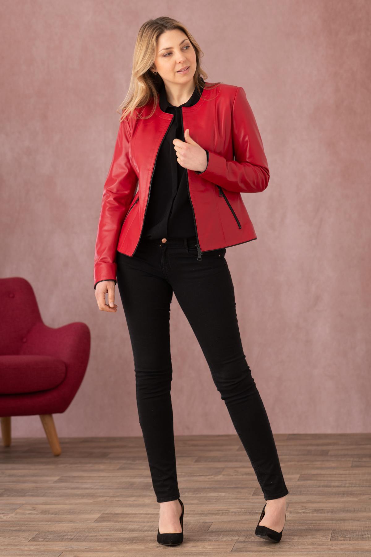 Refined red and black pearl leather jacket in spencer style - Image n°14