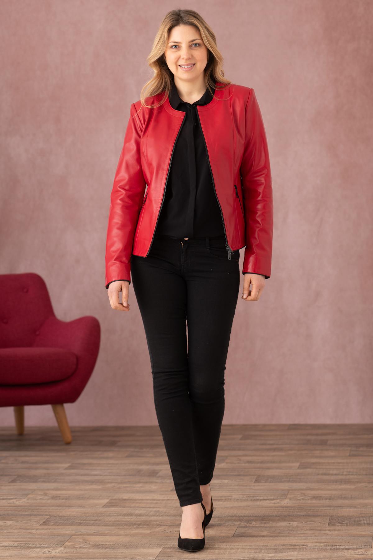 Refined red and black pearl leather jacket in spencer style - Image n°3