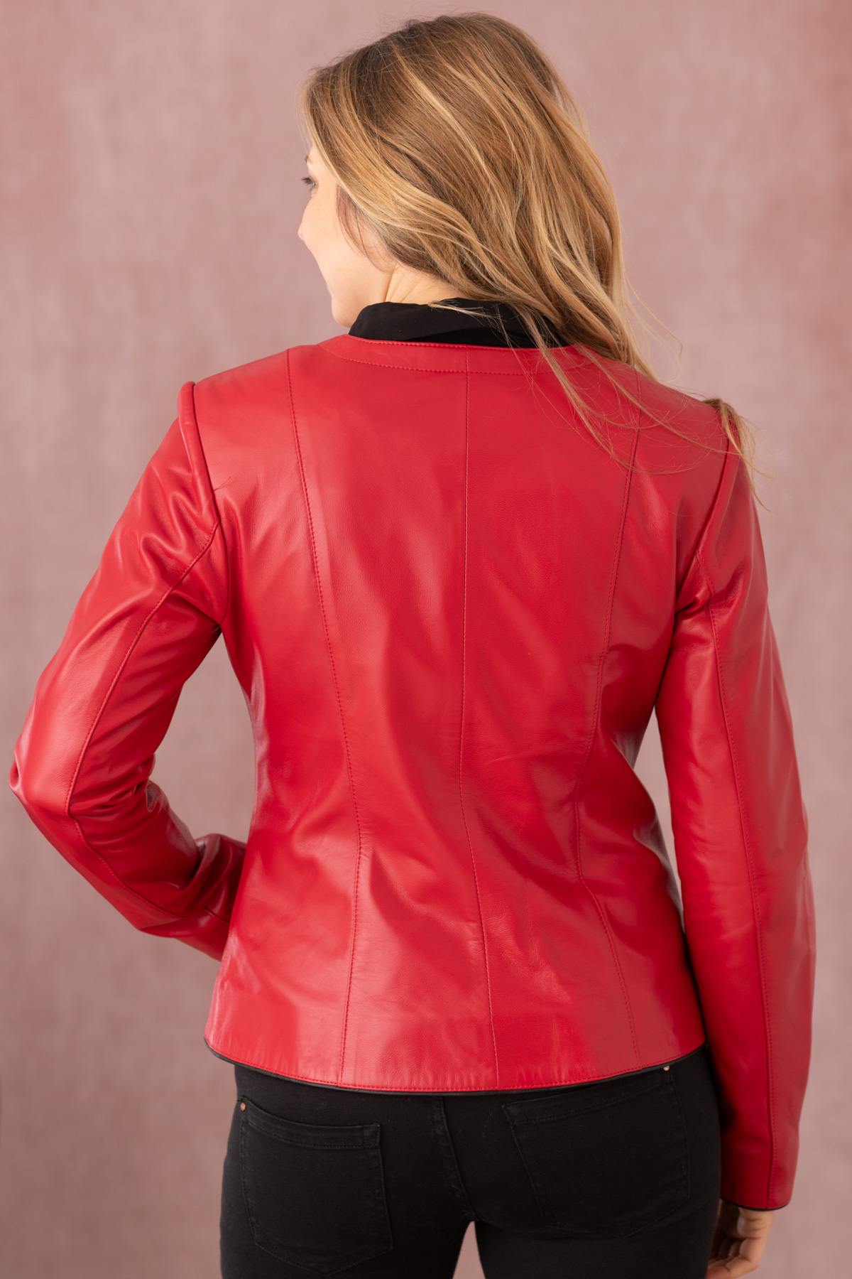 Refined red and black pearl leather jacket in spencer style - Image n°9