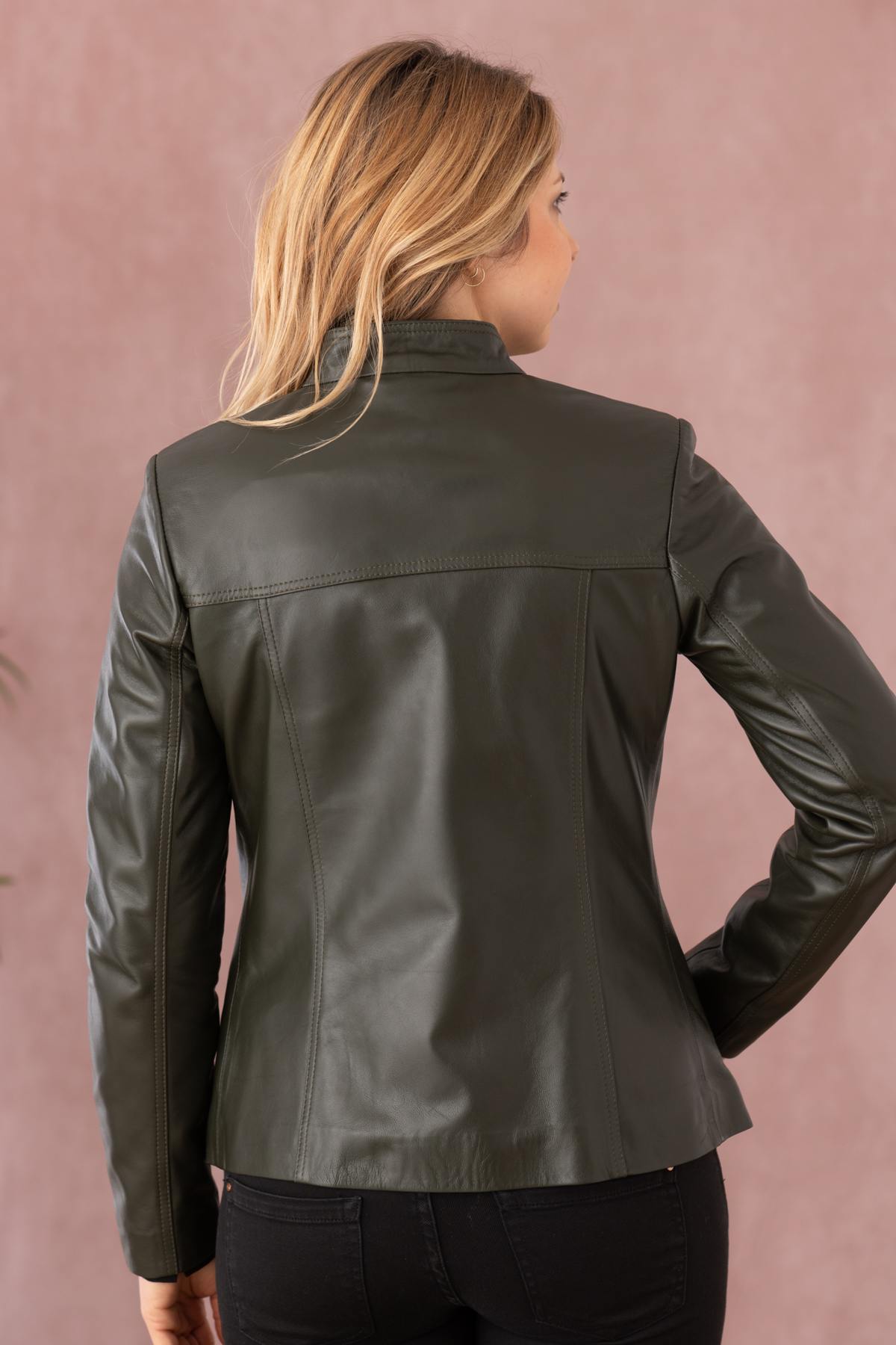 Olive-colored leather jacket for women - Image n°9