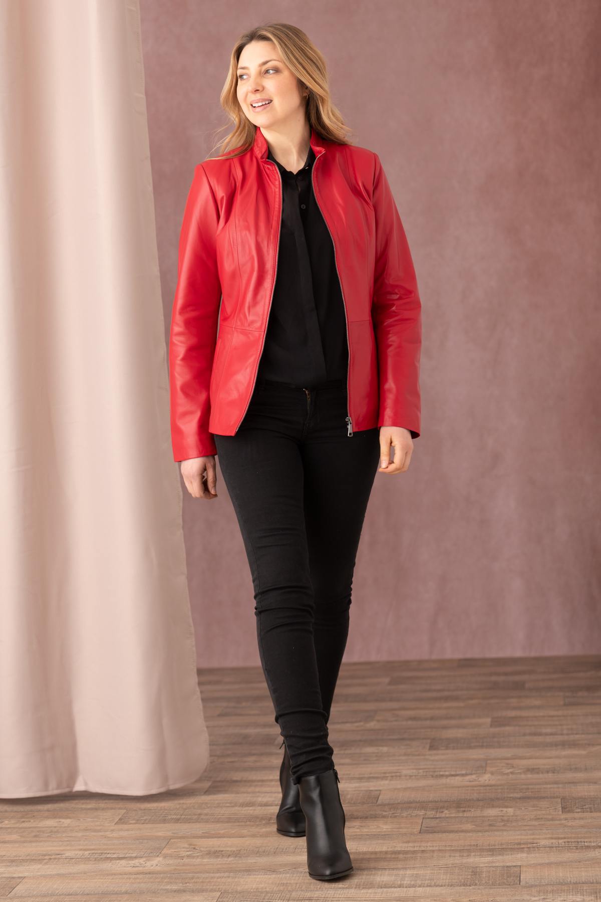 Slim fit red pearl leather jacket - Image n°3