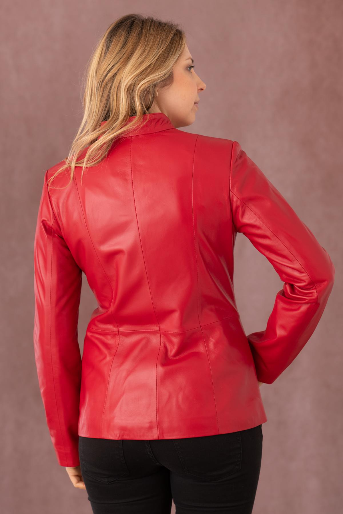 Slim fit red pearl leather jacket - Image n°5