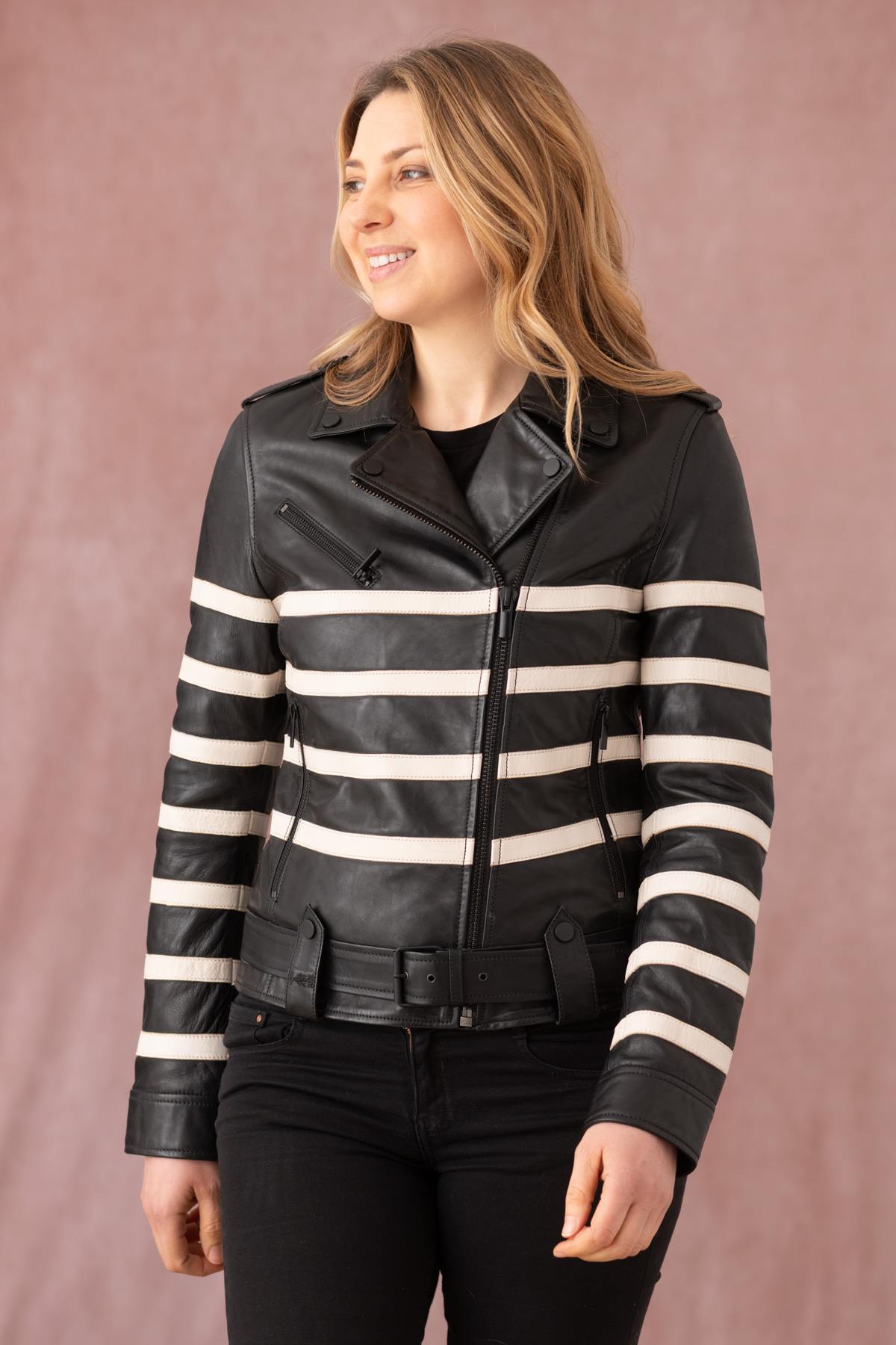 Biker jacket in black leather with white lines - Image n°4