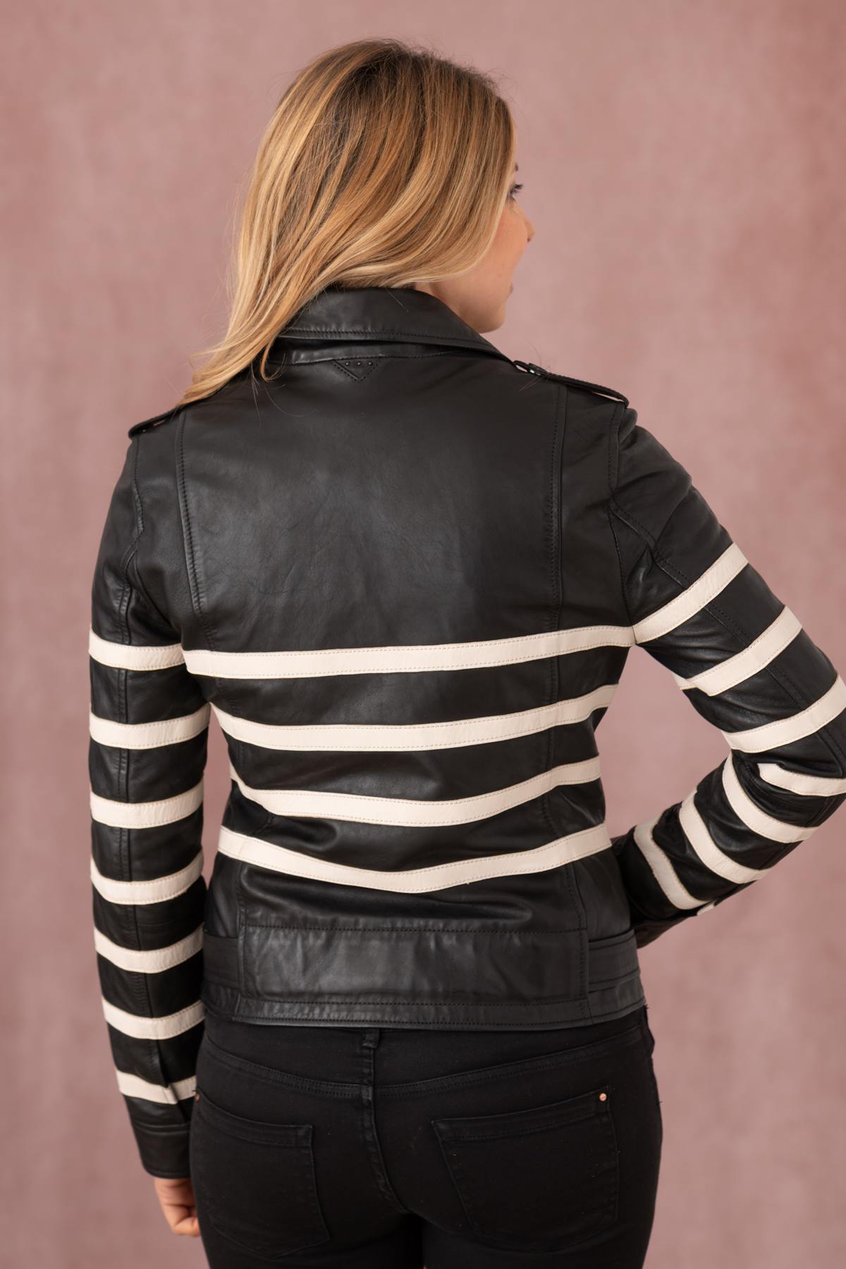 Biker jacket in black leather with white lines - Image n°5