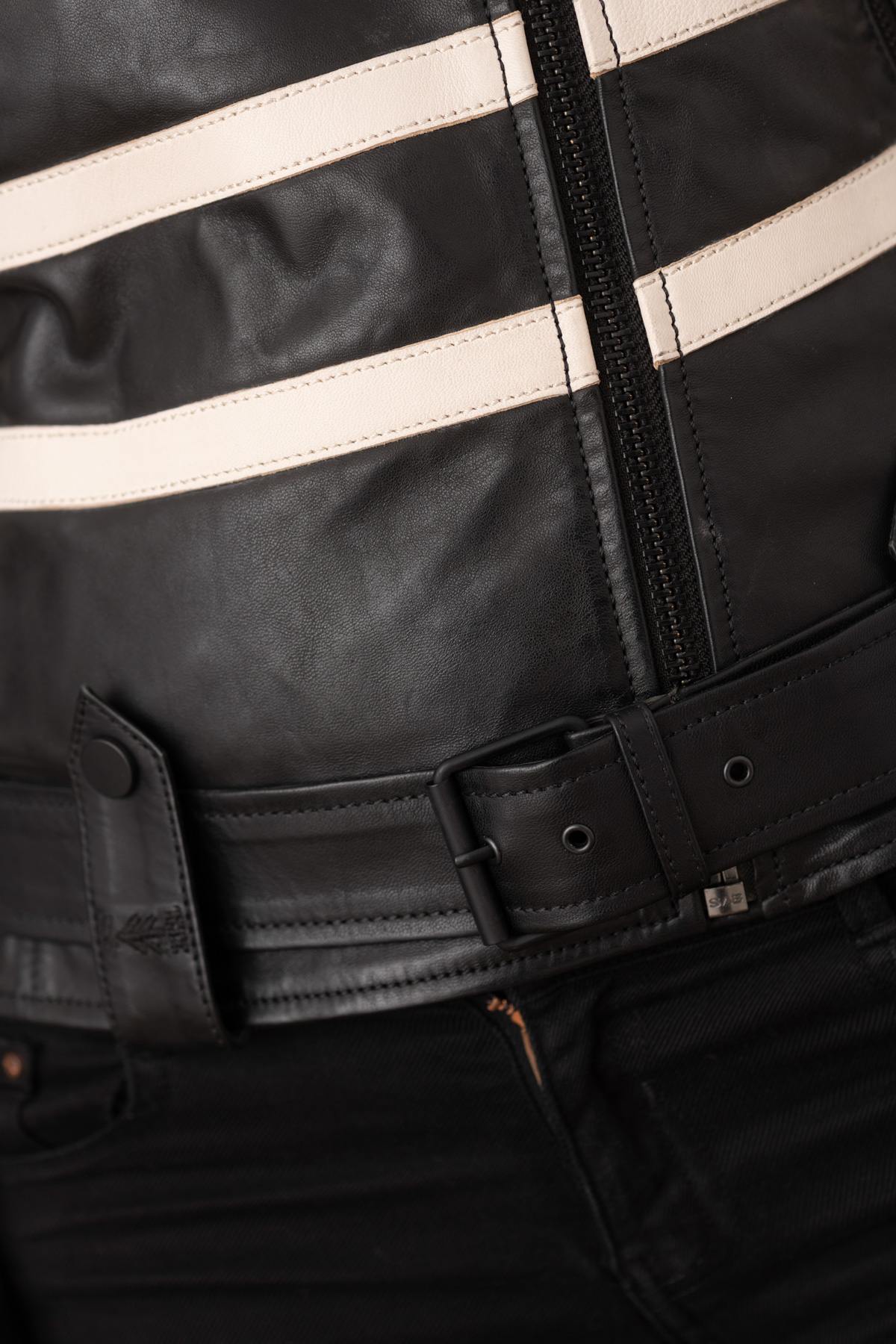 Biker jacket in black leather with white lines - Image n°7