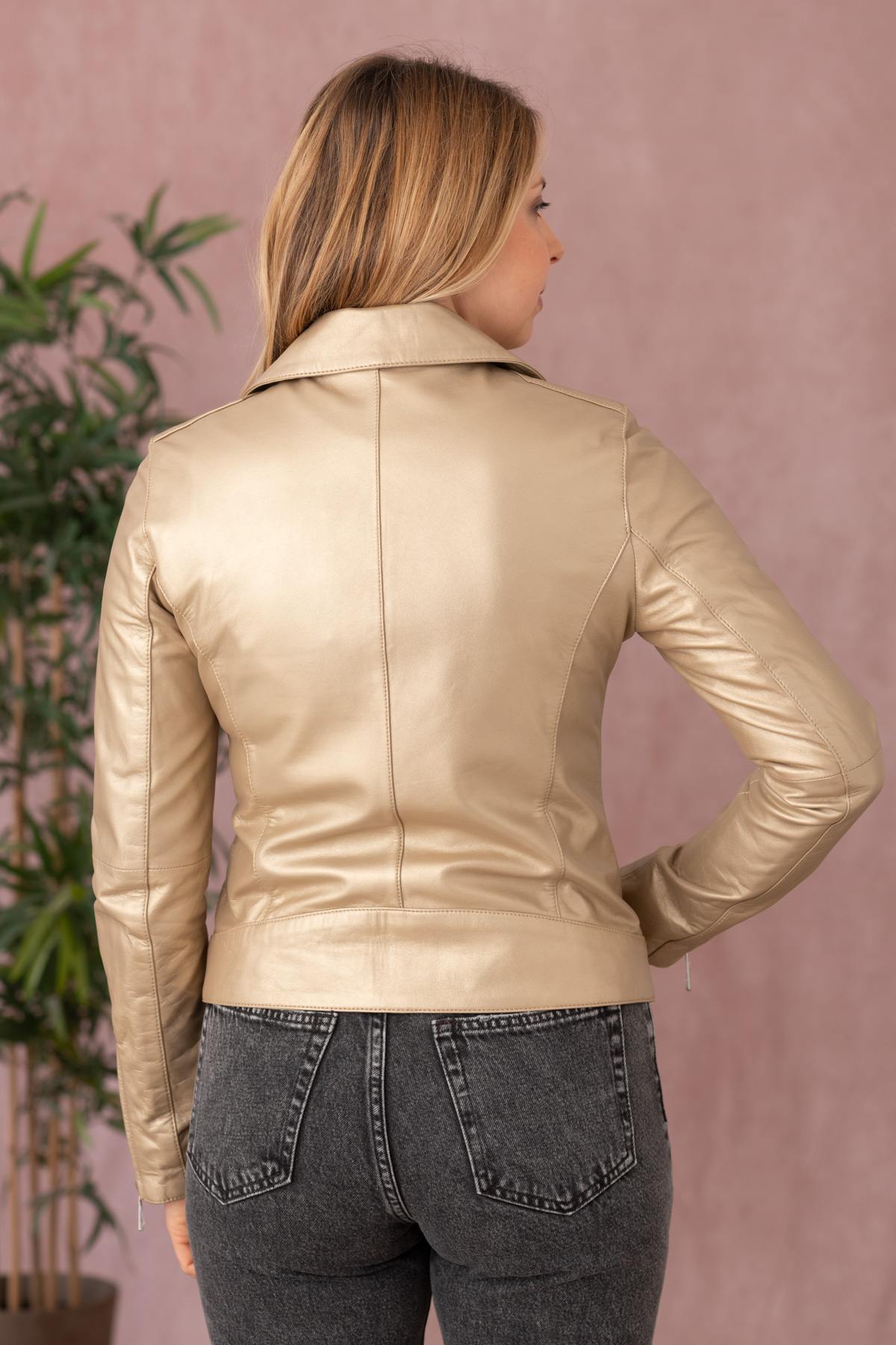 Biker Jacket in light gold metallic effect leather - Image n°7