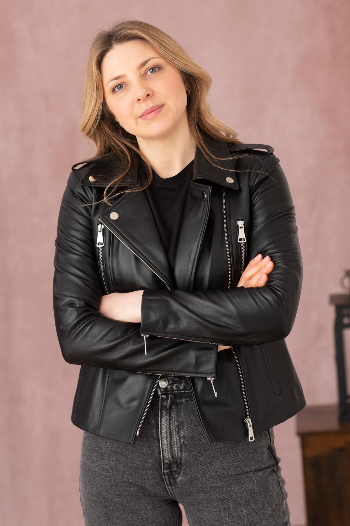 Black leather Biker Jacket with double chest pockets - Image n°1