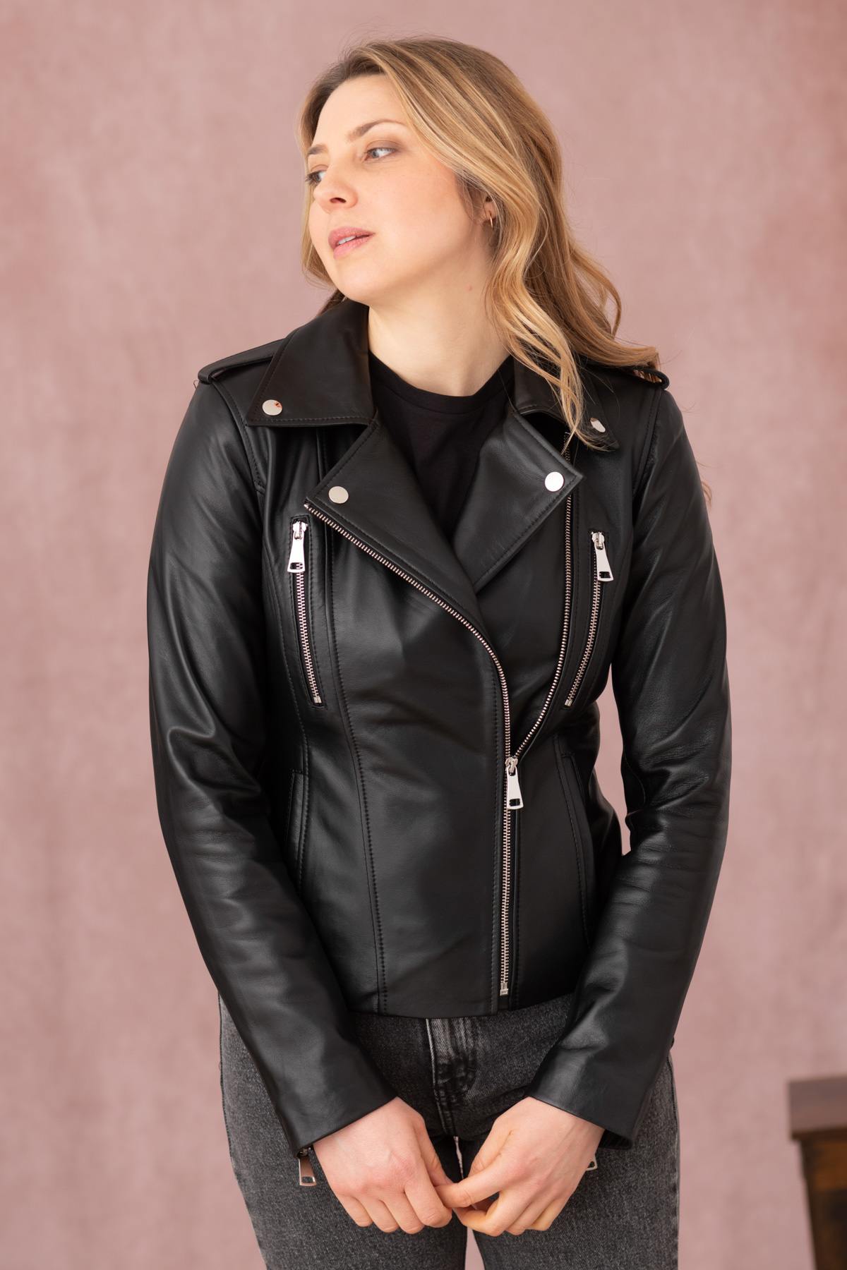 Black leather Biker Jacket with double chest pockets - Image n°6