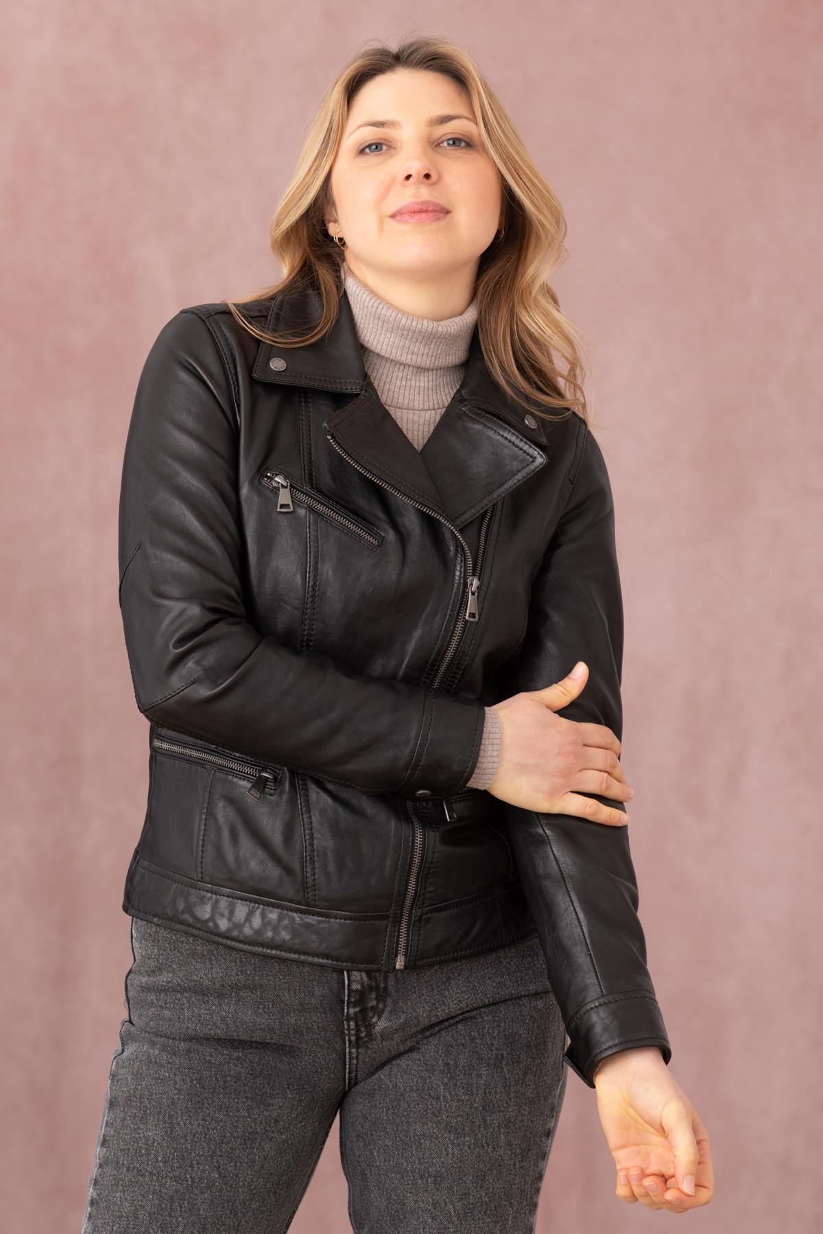 Regular fit black leather Biker Jacket - Image n°1