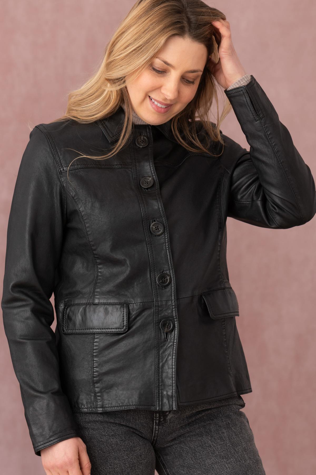 Black leather jacket with shirt collar and buttons - Image n°14