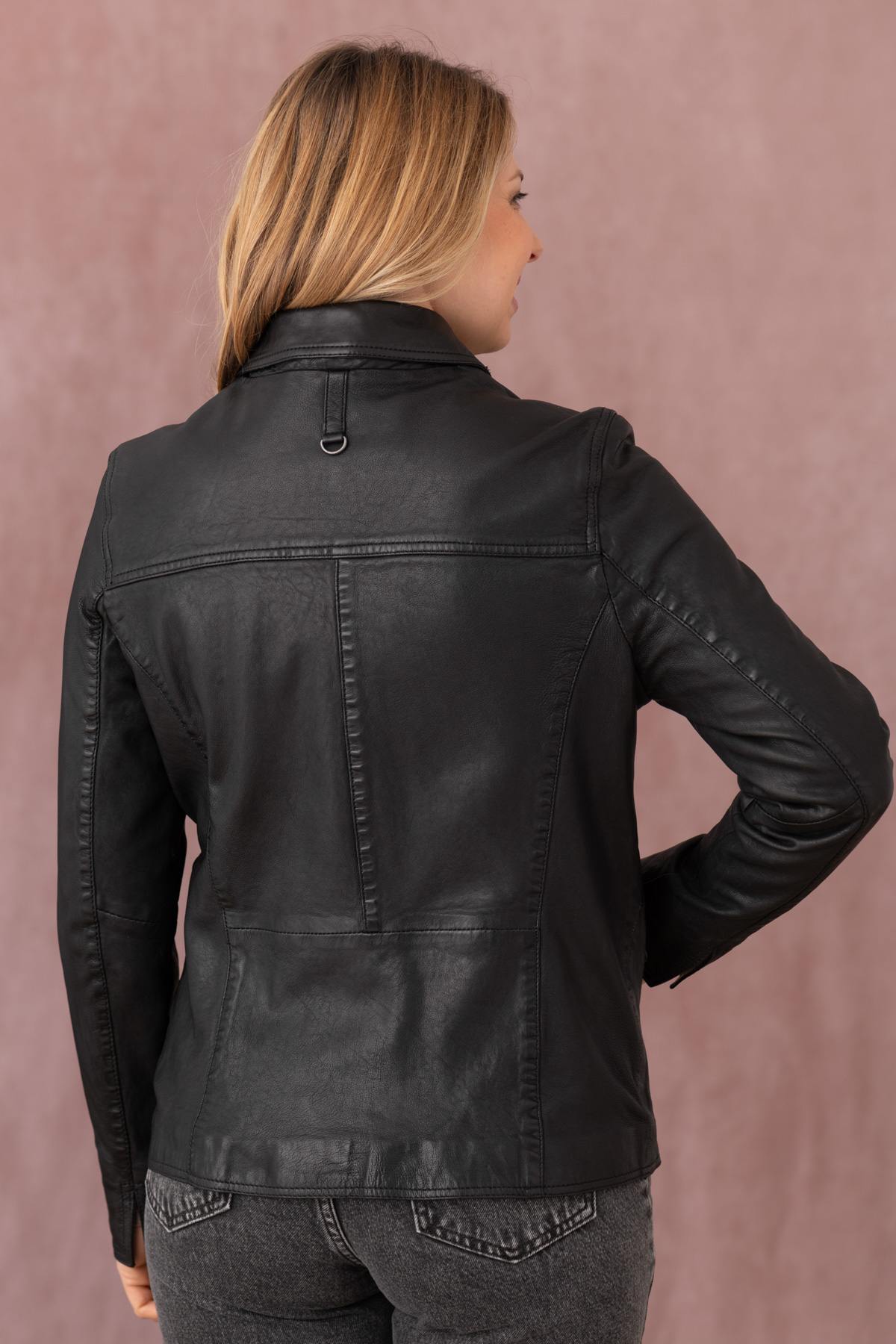 Black leather jacket with shirt collar and buttons - Image n°7