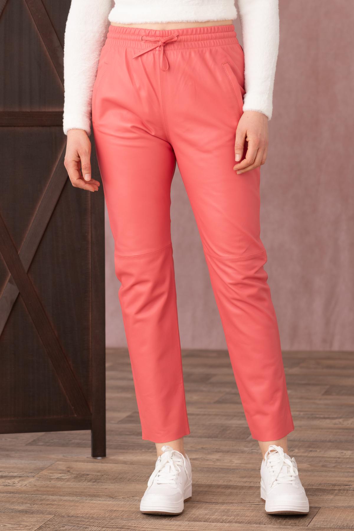 Dark Pink Casual Leather Joggers - Image n°1