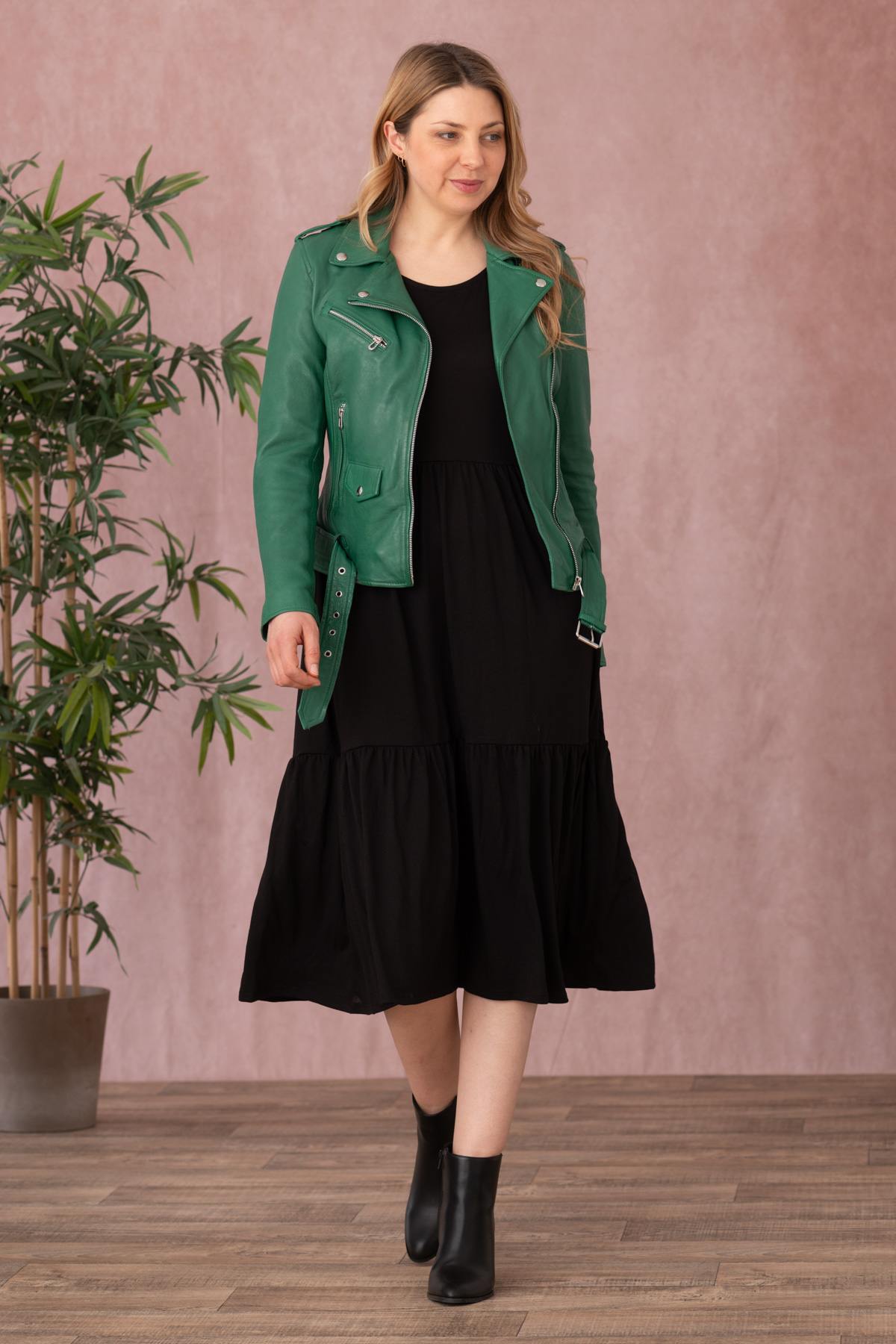 Leather Biker Jacket with holly green belt - Image n°2