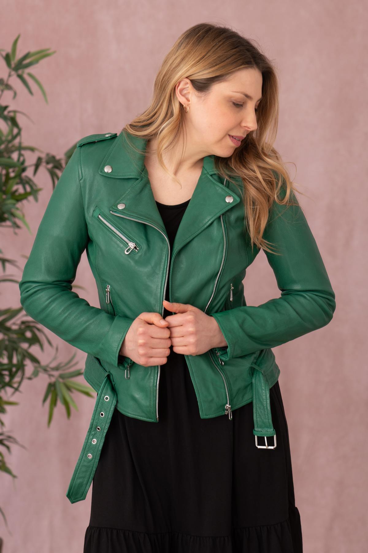 Leather Biker Jacket with holly green belt - Image n°1