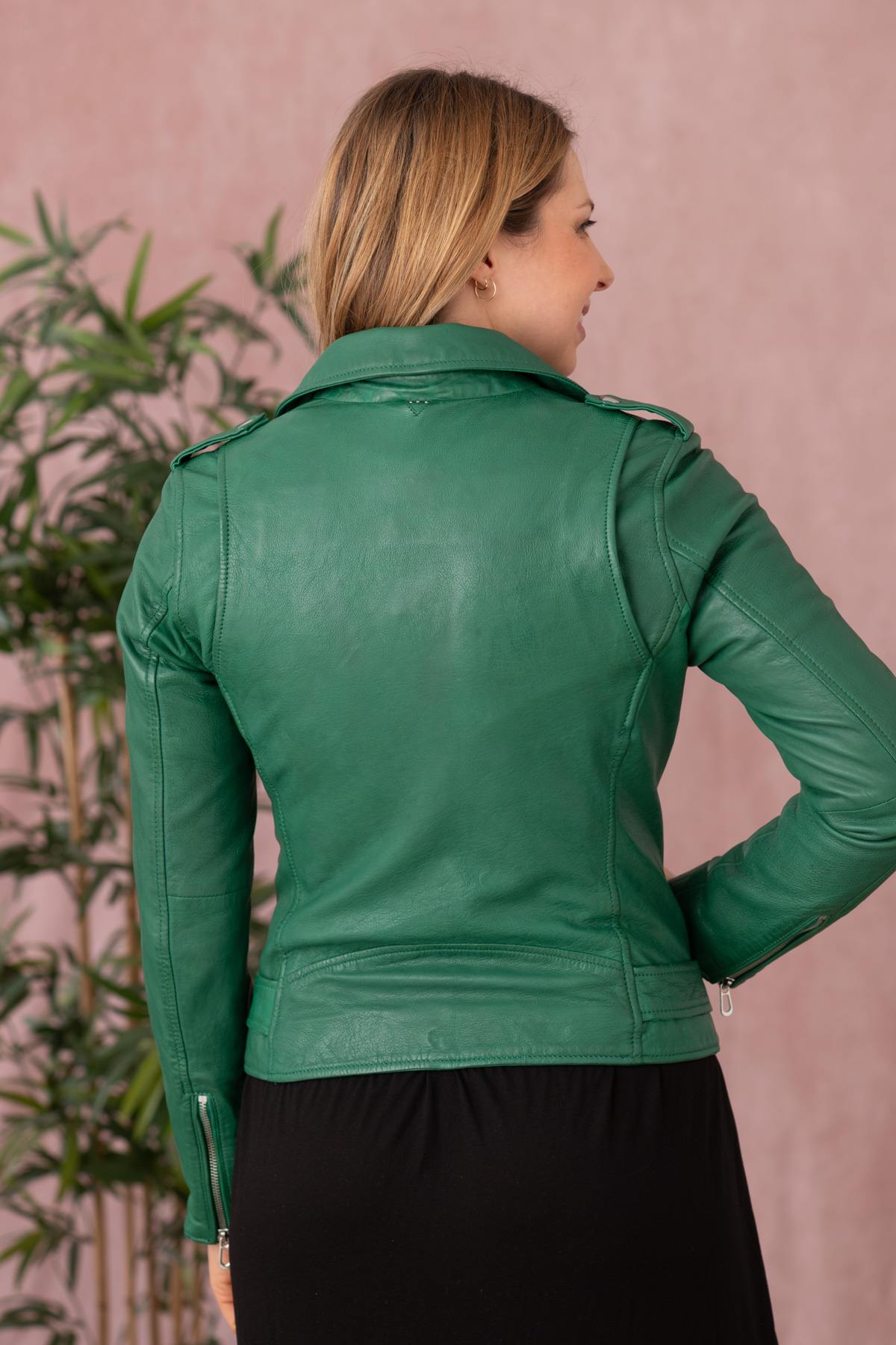 Leather Biker Jacket with holly green belt - Image n°5