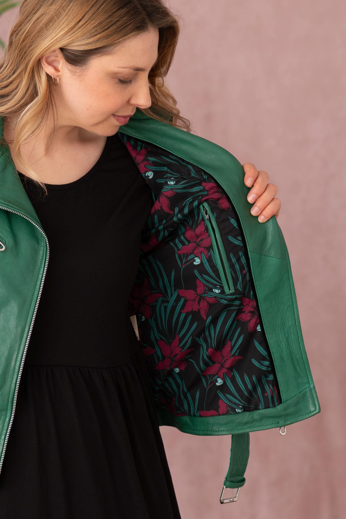 Leather Biker Jacket with holly green belt - Image n°3