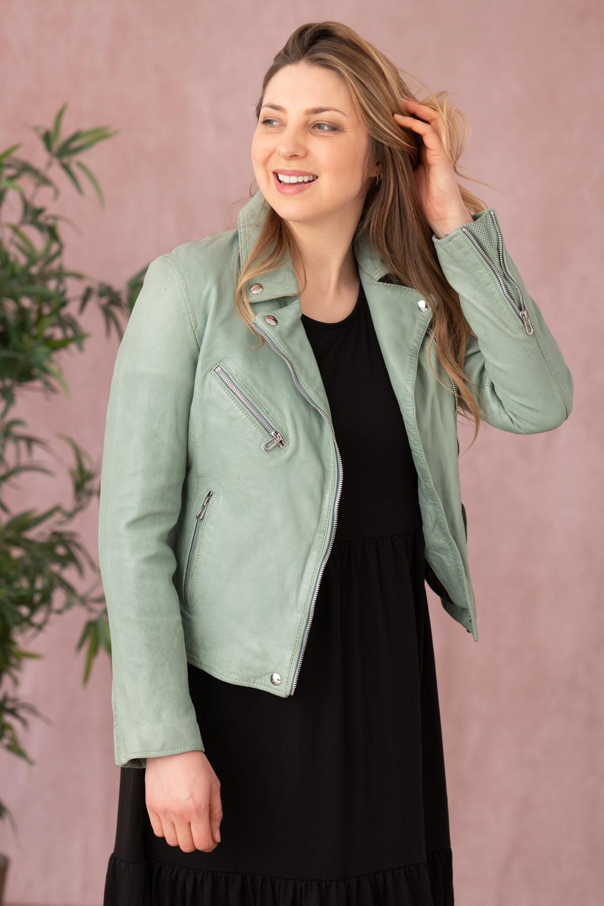 Jade-colored leather Biker Jacket - Image n°1