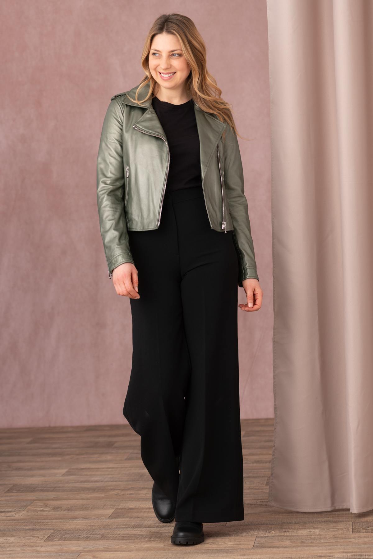 Women’s dark green metallic leather Biker Jacket - Image n°5