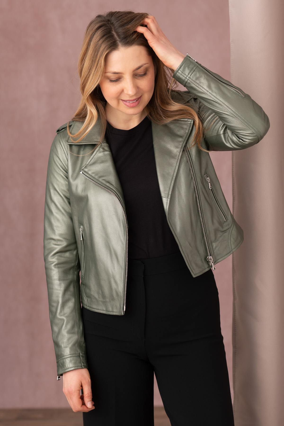 Women’s dark green metallic leather Biker Jacket - Image n°1