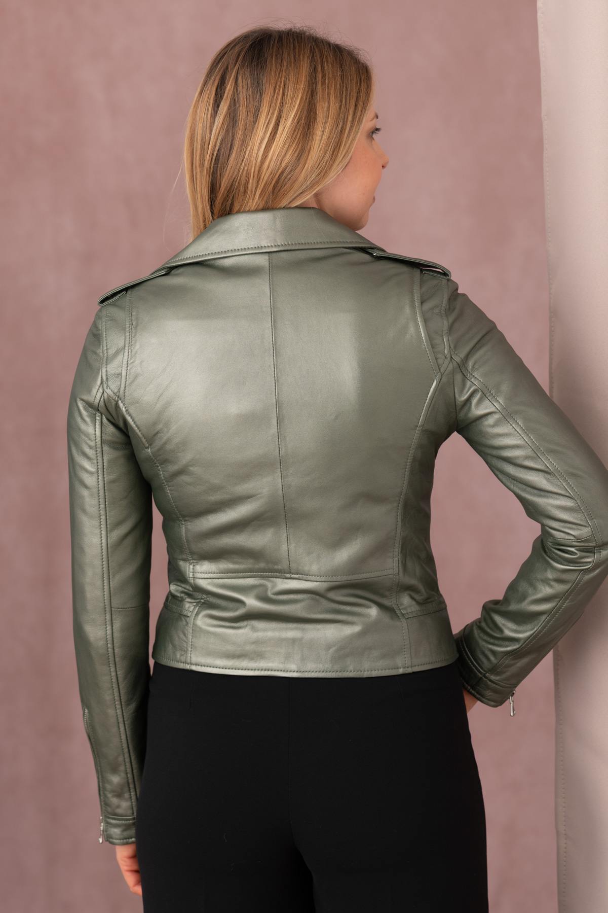 Women’s dark green metallic leather perfecto - Image n°3