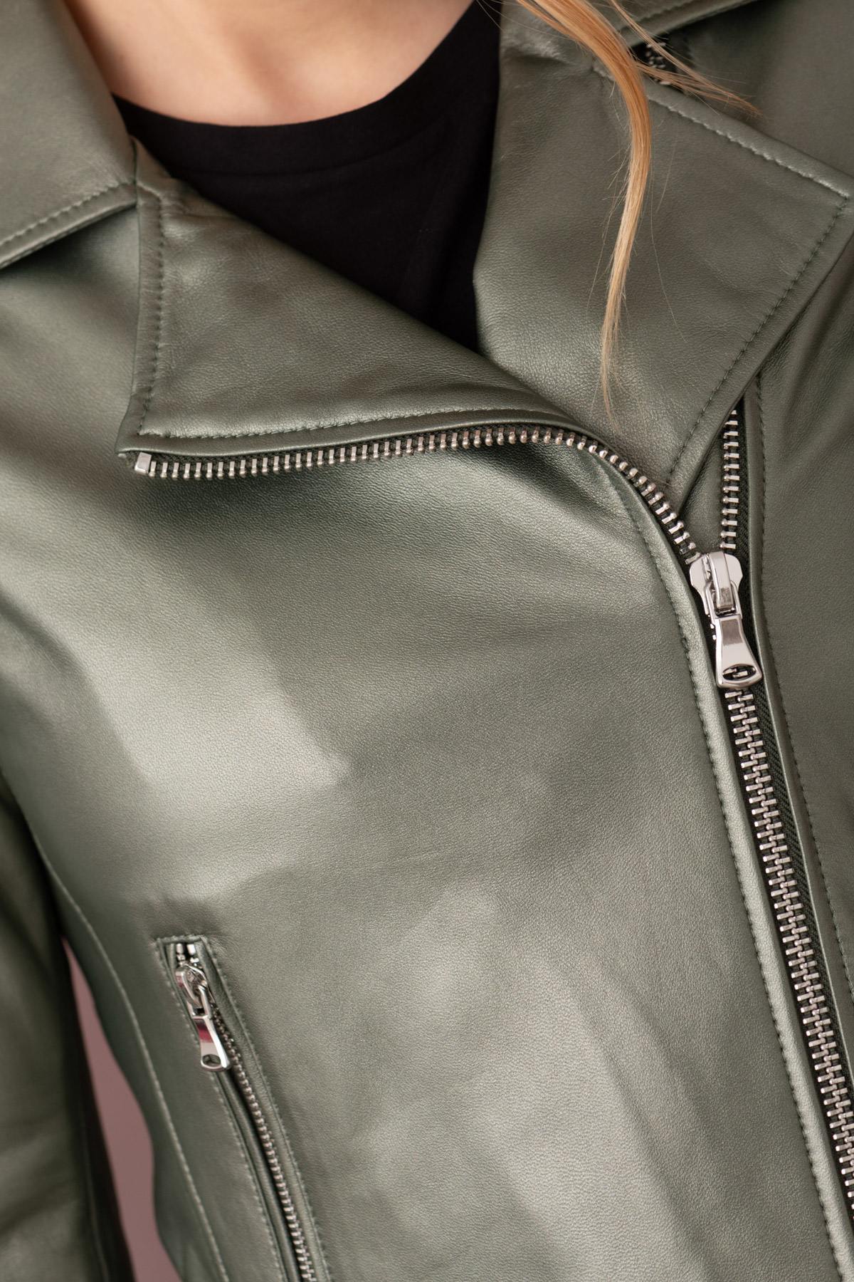 Women’s dark green metallic leather Biker Jacket - Image n°11