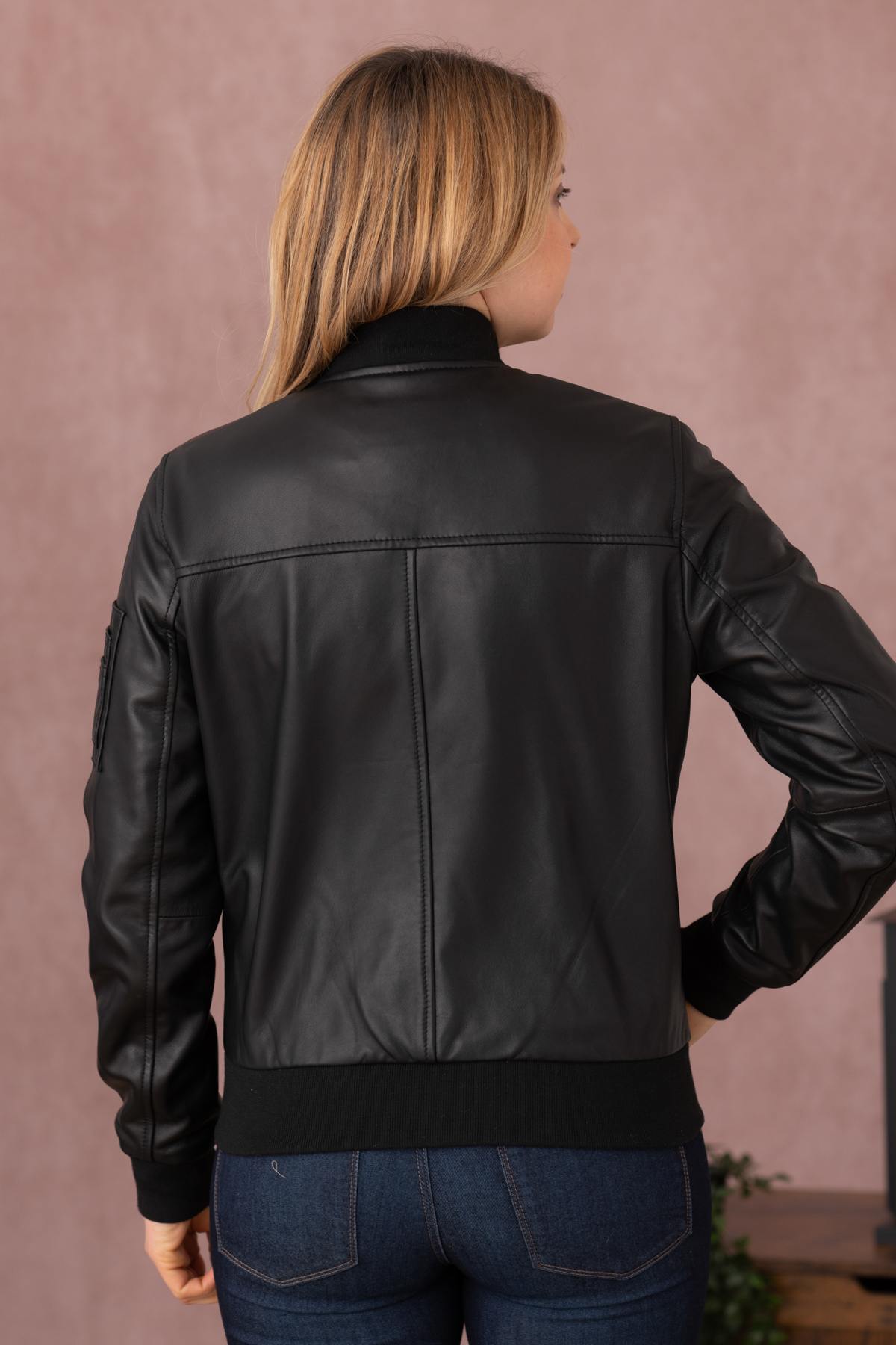 Black leather bomber jacket for women - Image n°3