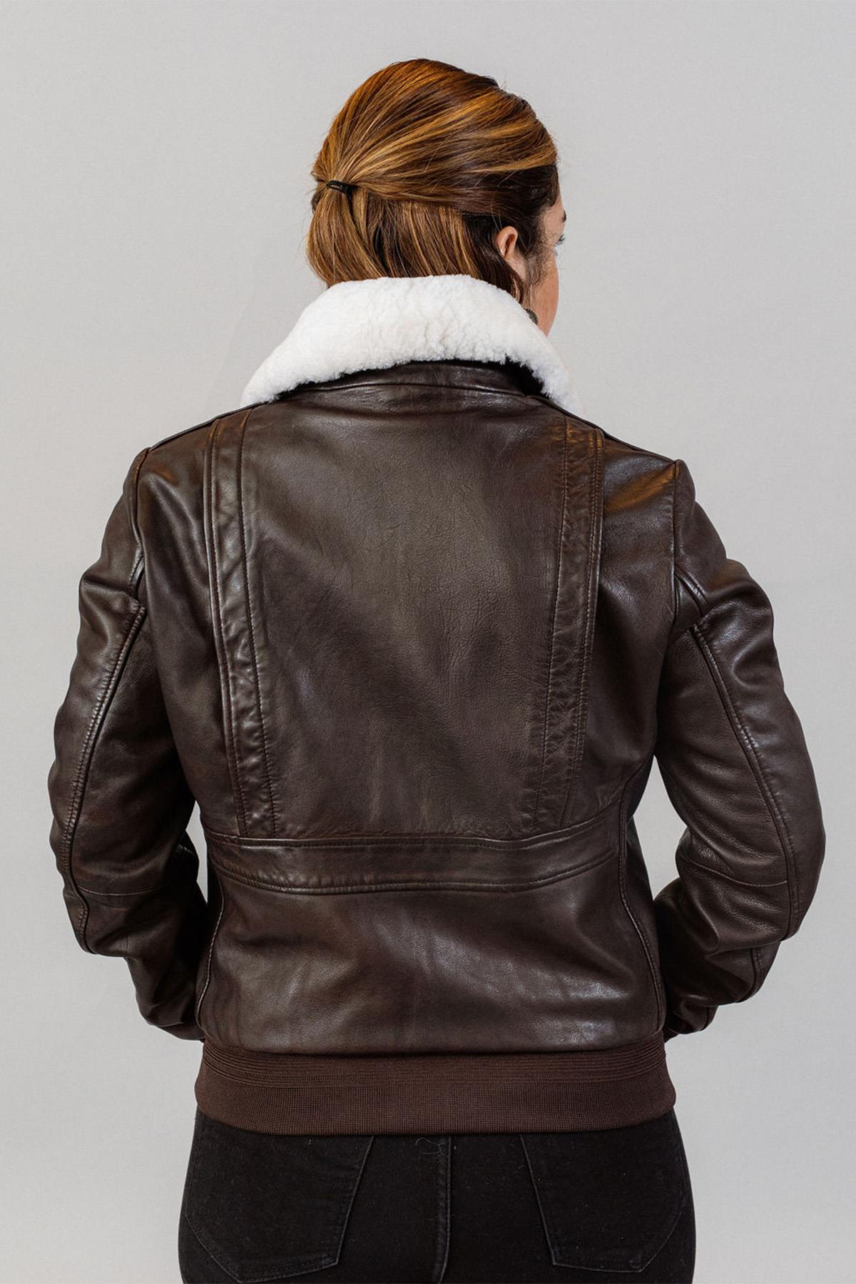 Brown leather bomber jacket with white removable fur collar - Image n°2