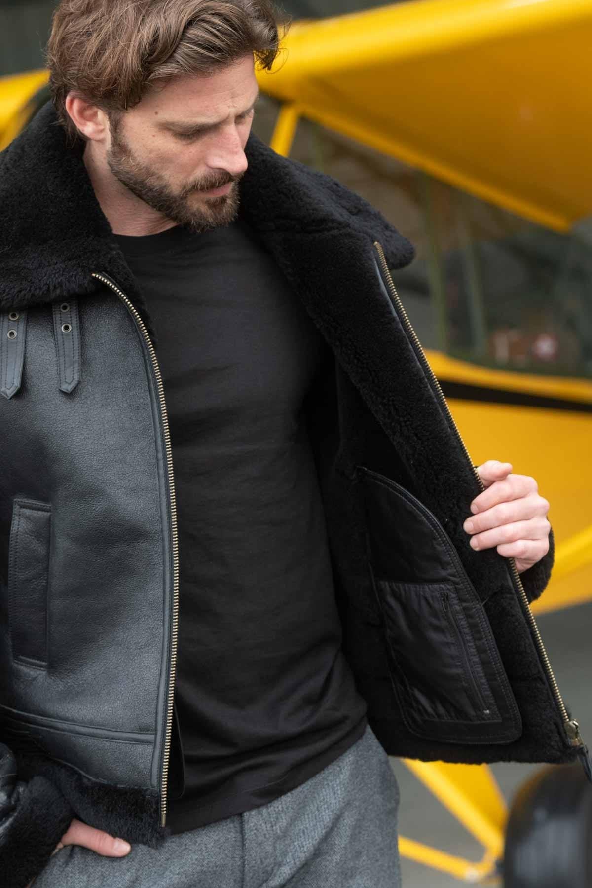 Black shearling bomber jacket - Image n°4