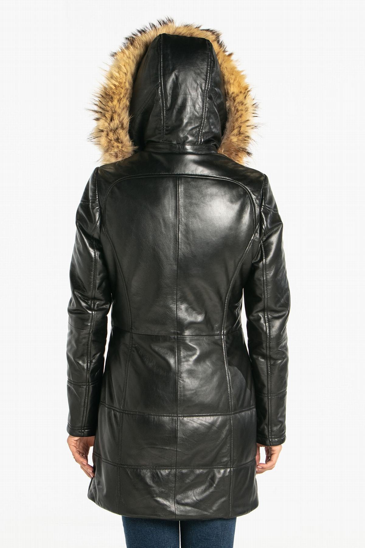 Black leather down jacket with fur hood - Image n°10