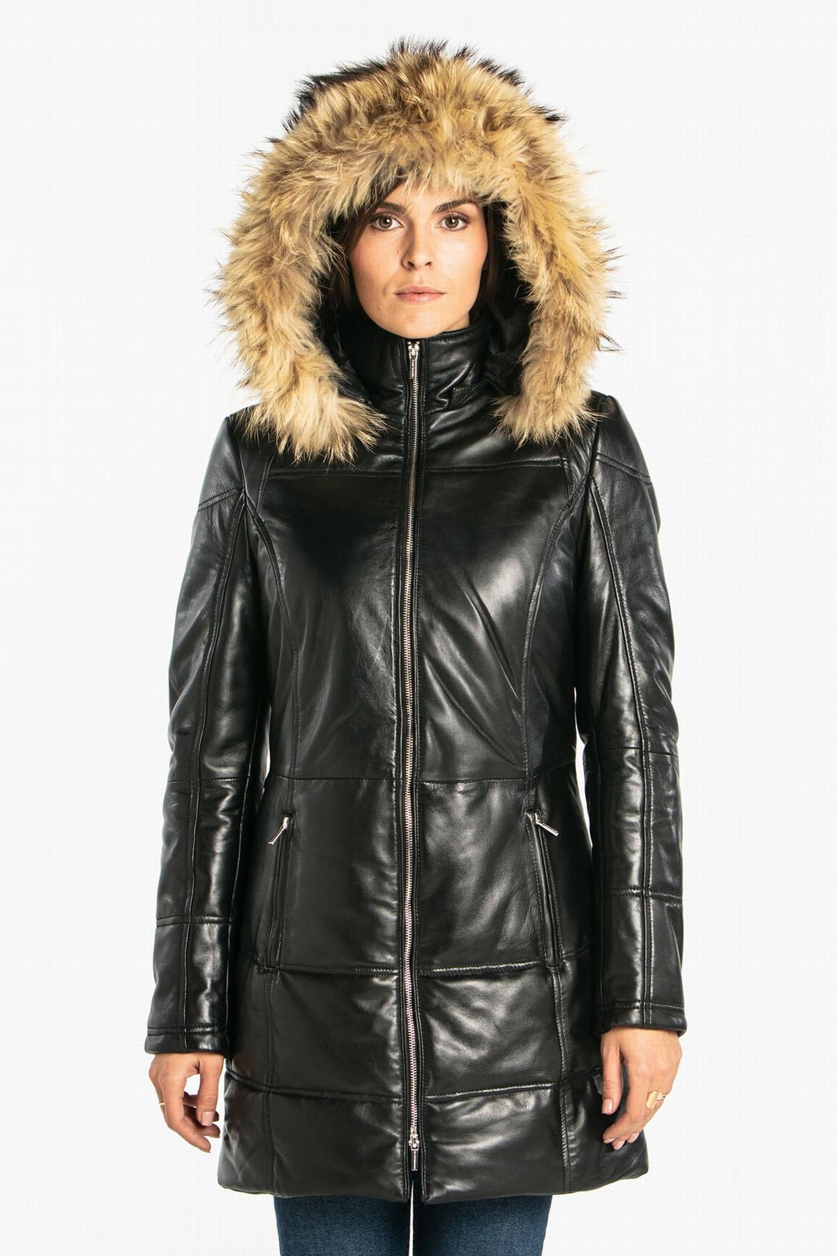 Black leather down jacket with fur hood - Image n°9