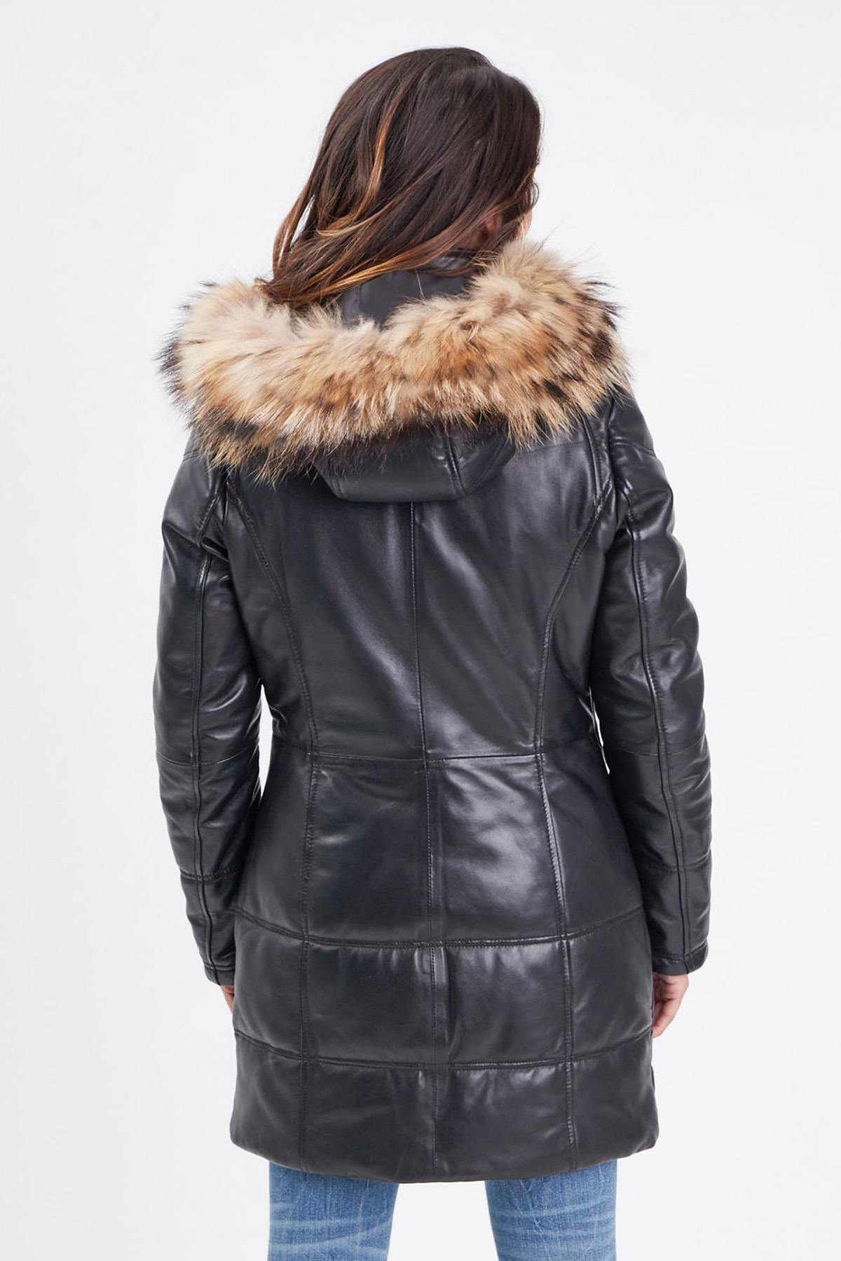 Black leather down jacket with fur hood - Image n°4