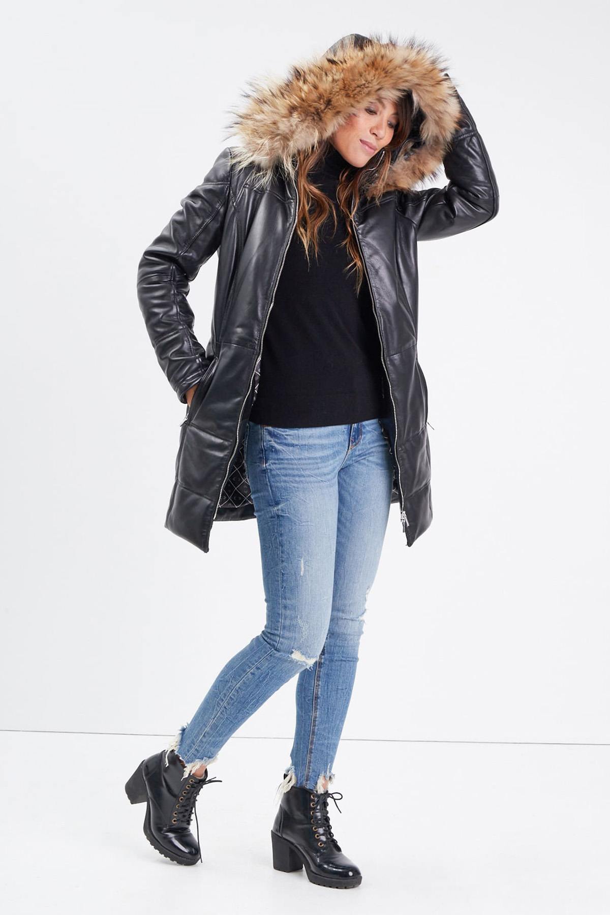 Black leather down jacket with fur hood - Image n°2