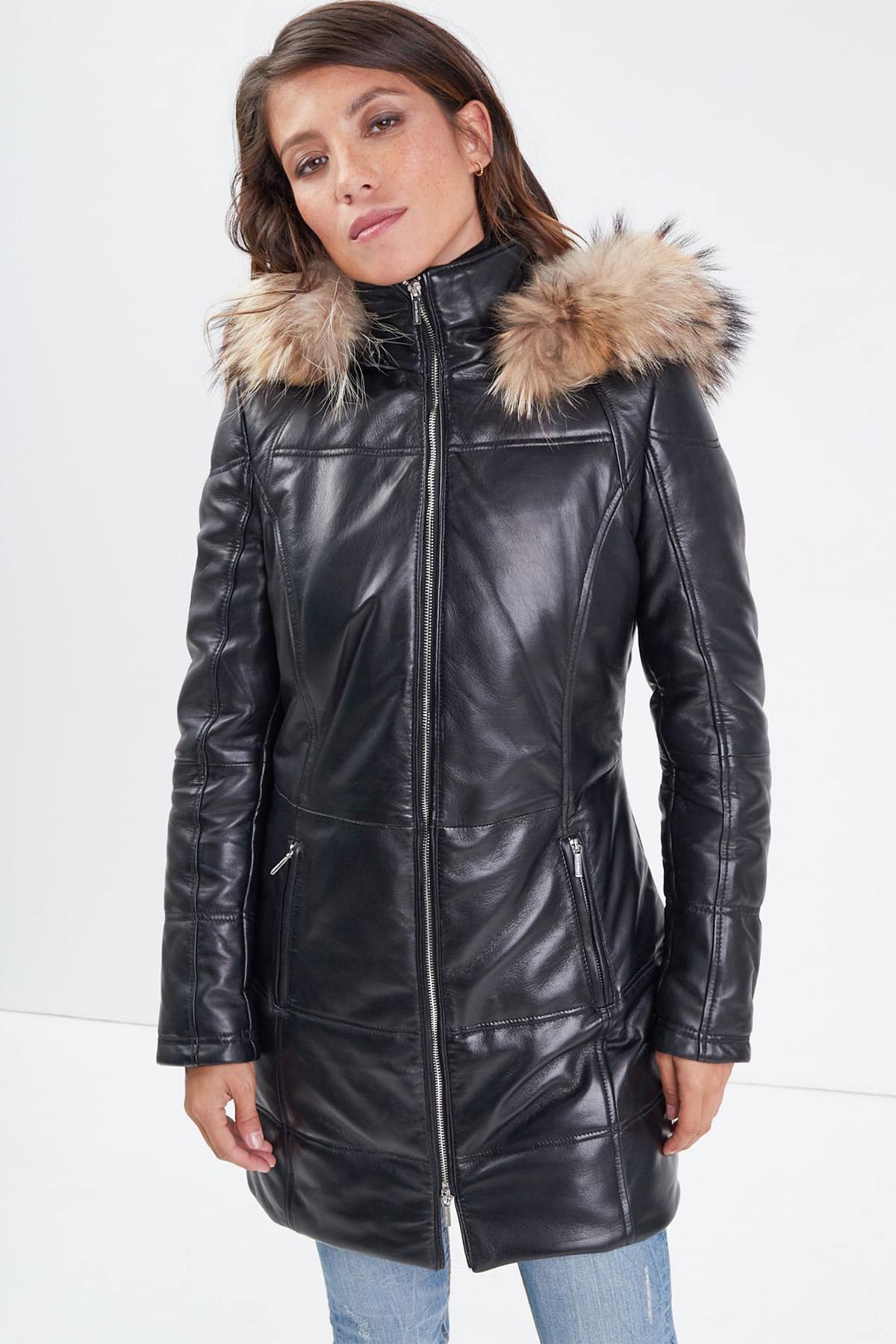 Black leather down jacket with fur hood - Image n°1