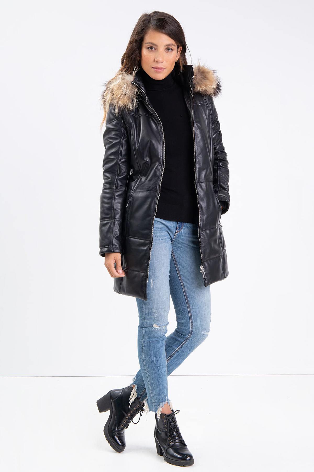 Black leather down jacket with fur hood - Image n°6