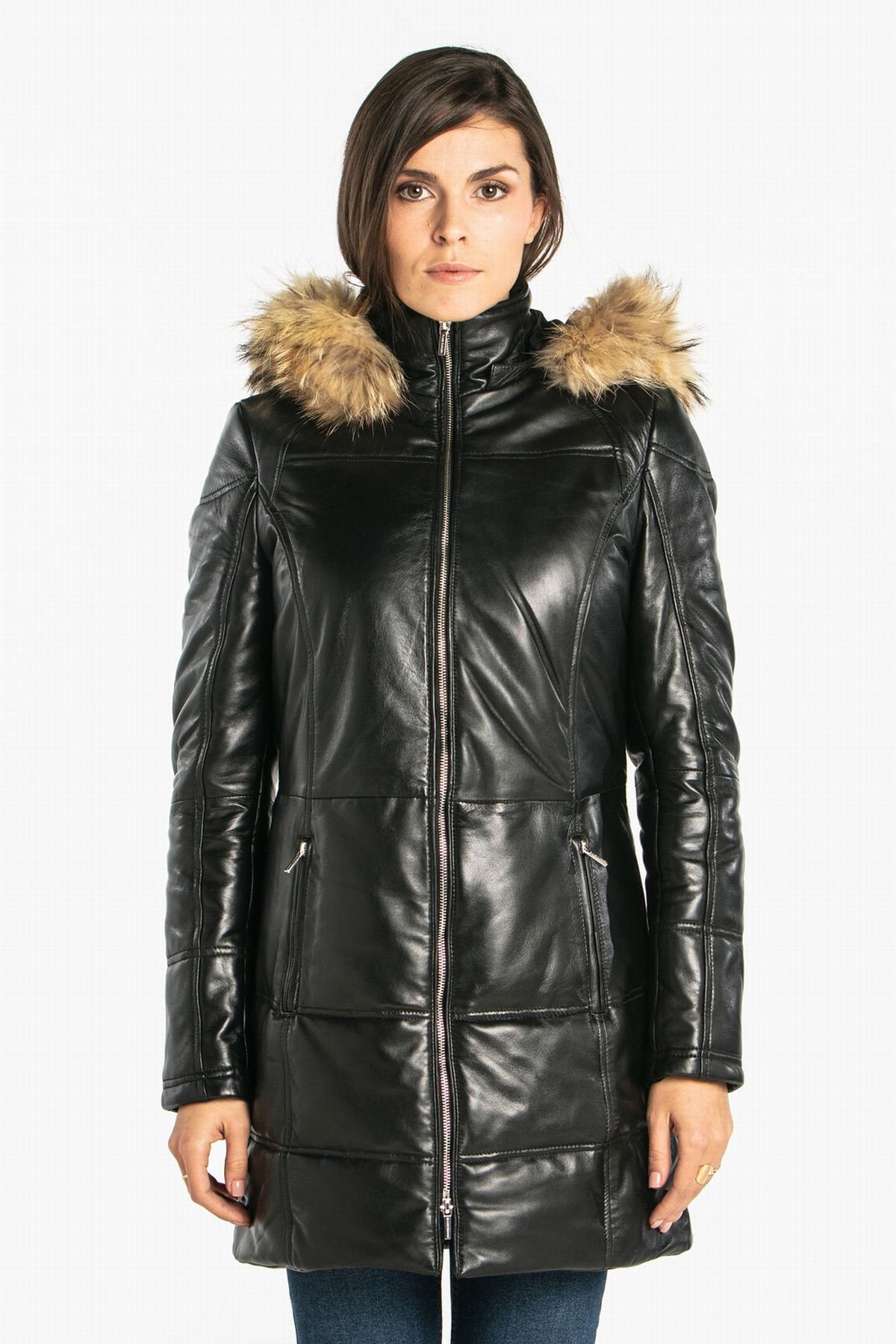 Black leather down jacket with fur hood - Image n°7