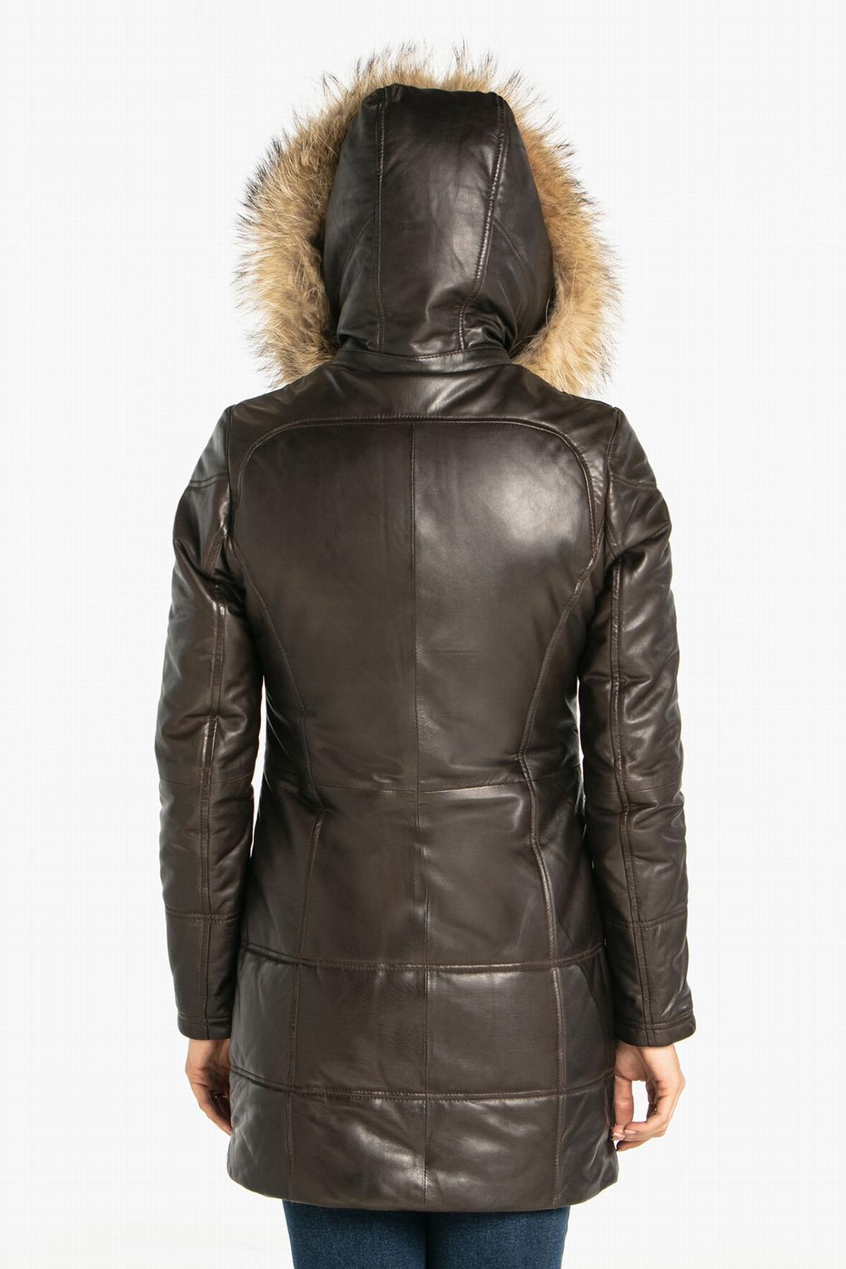 Brown leather down jacket with furry hood - Image n°3