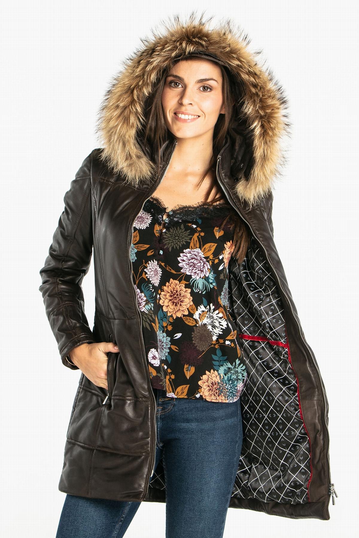 Brown leather down jacket with furry hood - Image n°1