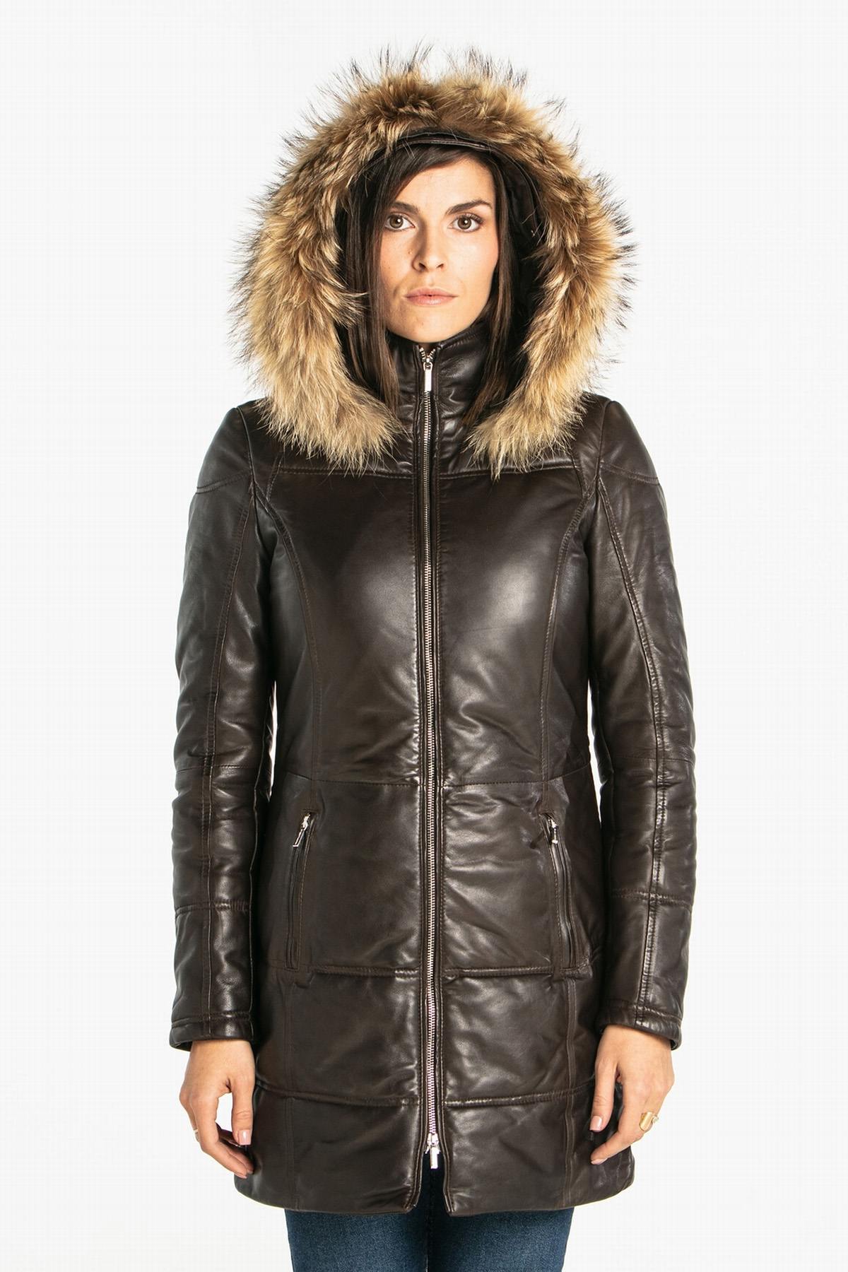 Brown leather down jacket with furry hood - Image n°2