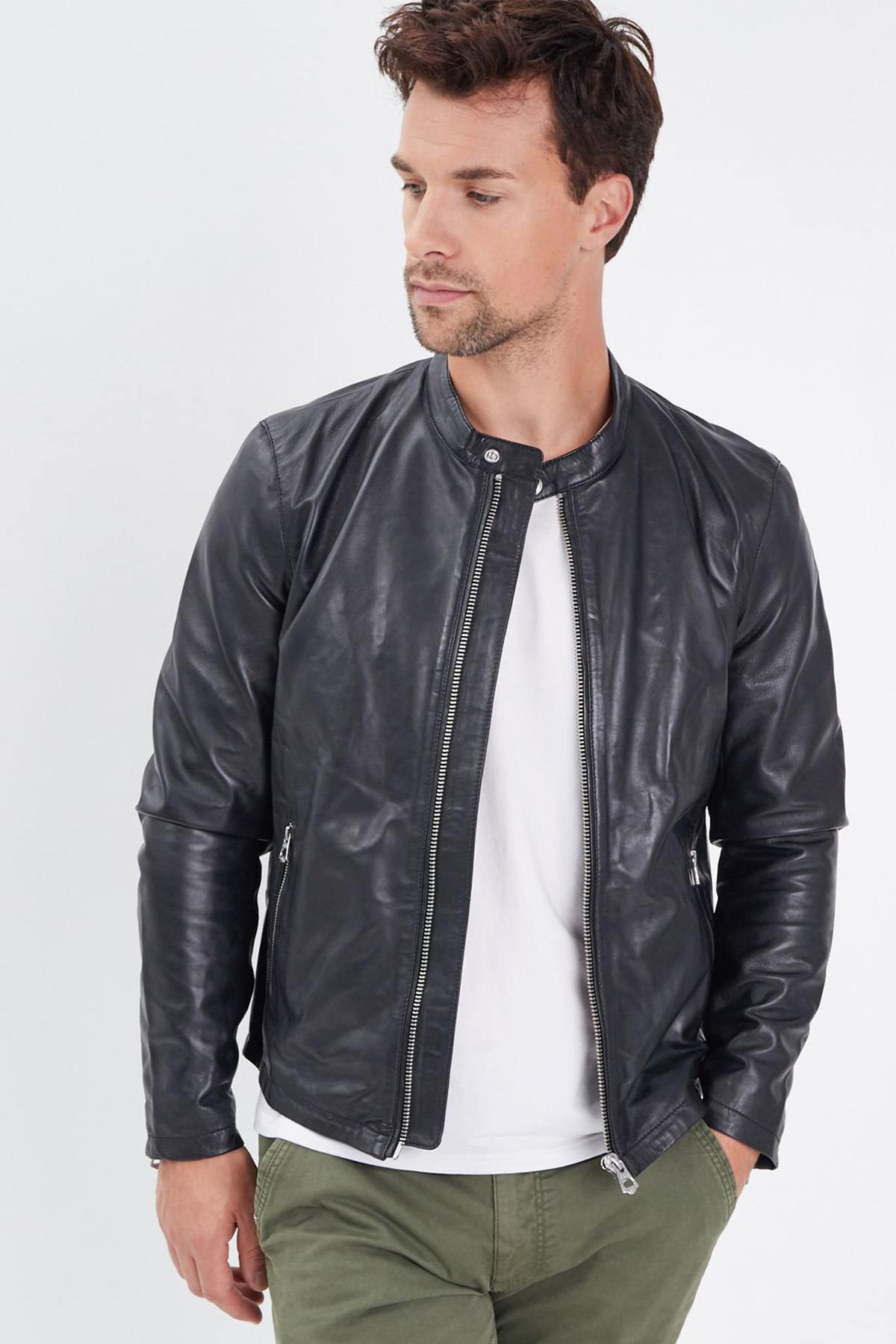 Black leather jacket with simple biker collar - Image n°1